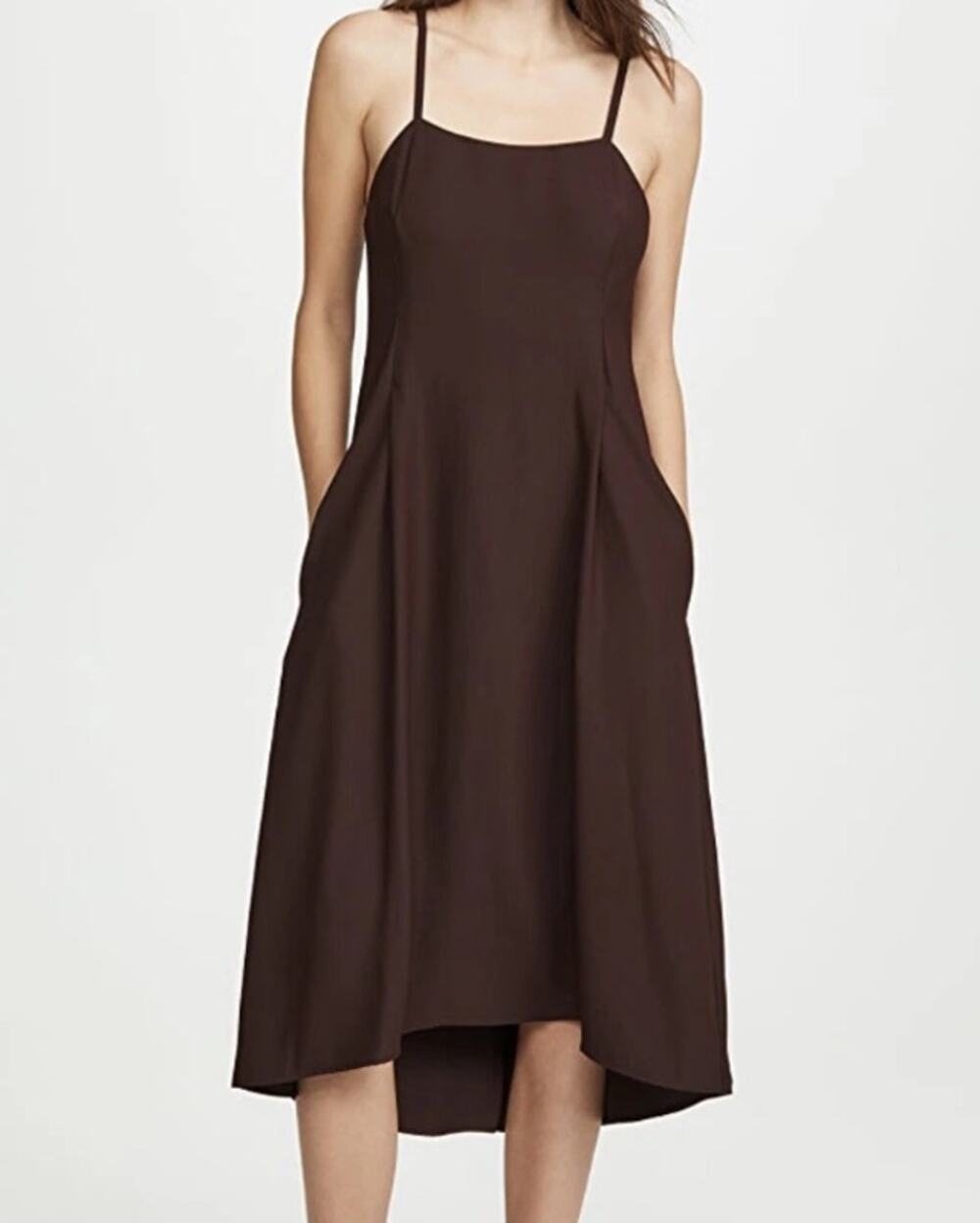 VINCE Strappy Crepe Tank Dress Brown Adjustable Tie Back Pockets Women's M